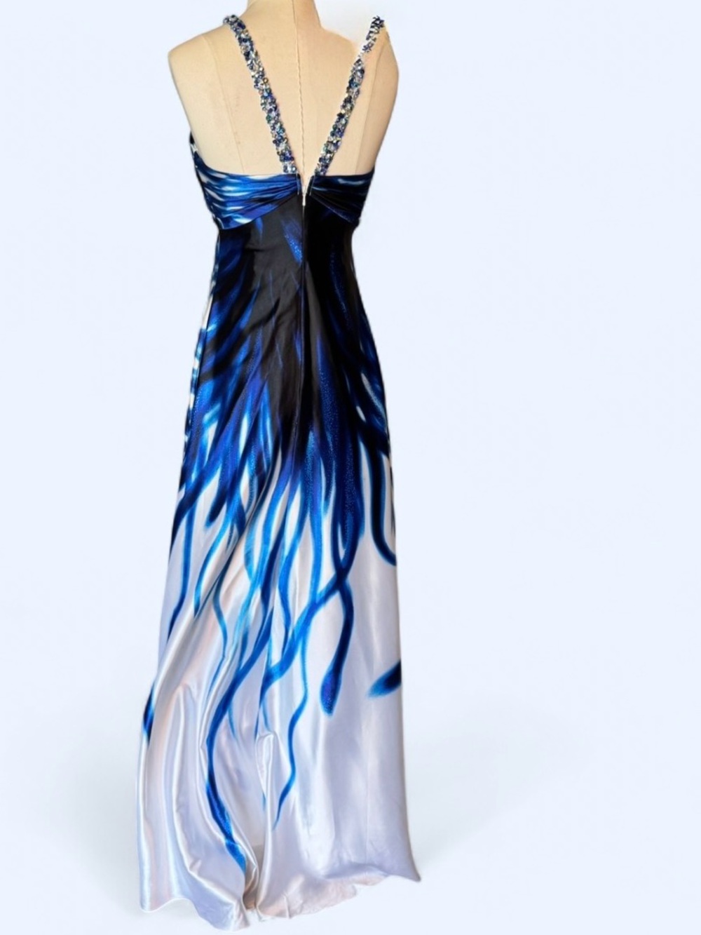 Cache Blue and White Beaded-Strap Maxi Dress lined with a slit at the bottom - Picture 6 of 15